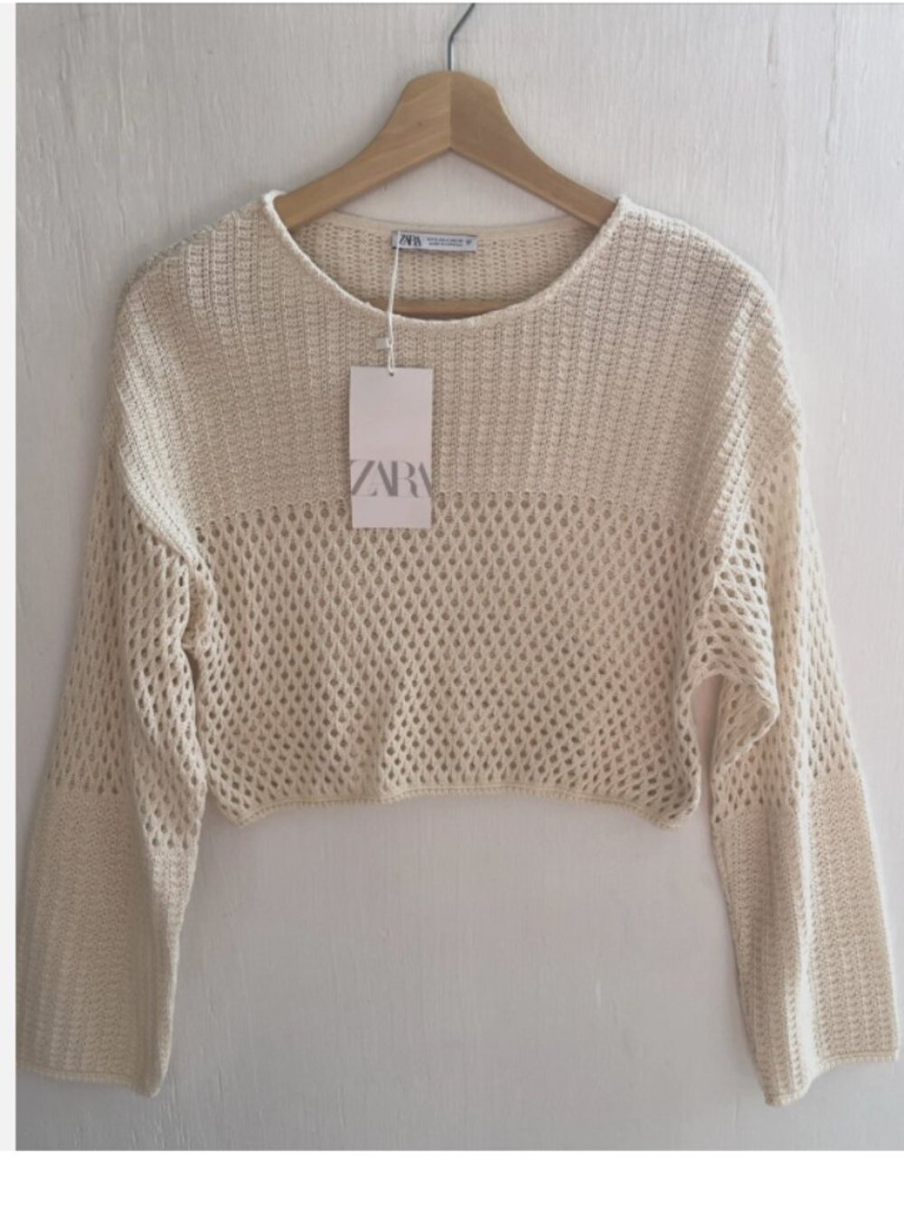 ZARA Cream Ivory Crochet Cropped Sweater Long Wide Sleeves Size S NWT
